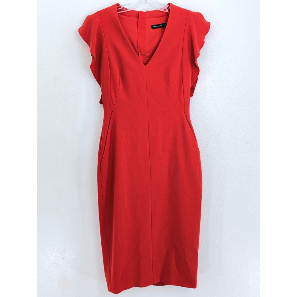 Karen Millen Sheath Dress Red Ruffle Cap Sleeve V-Neck Pockets Size 6